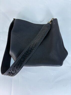Deux Mains Black Leather Shoulder Bag Woven Strap Handmade Hobo Purse